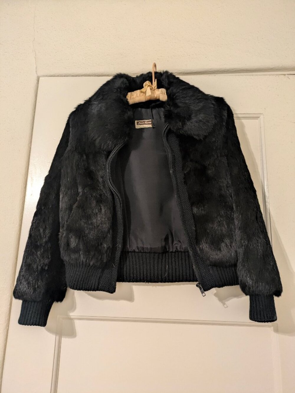 SMALL 80s DINO RICCO BLACK RABBIT BOMBER STYLE JACKET
